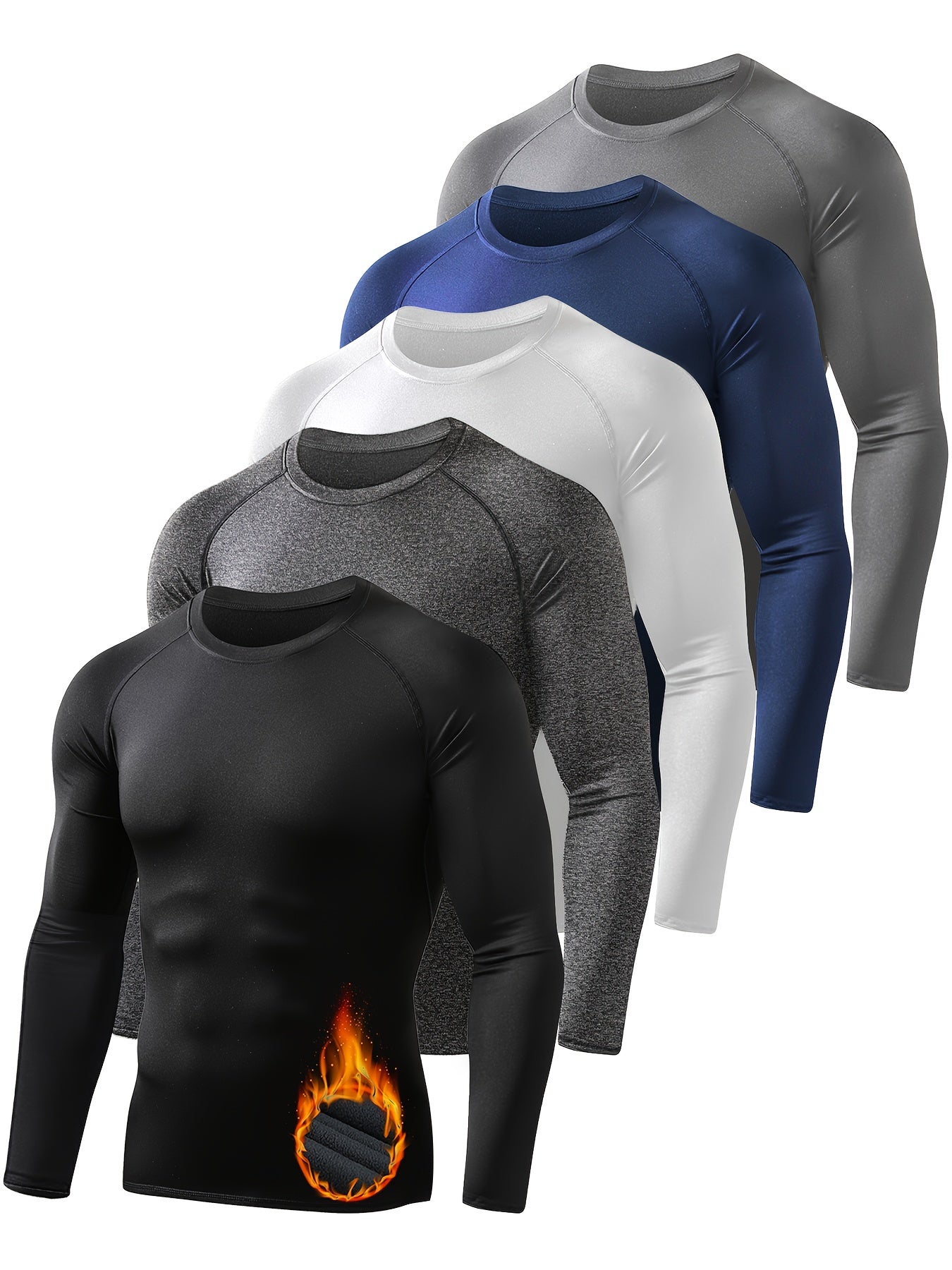 5 Pack Men's Thermal Compression Shirt Fleece Lined Long Sleeve